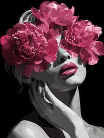 Sensueel Portret met Roze Bloemen – Moderne Bloemenkunst Vrouw van SPEQ ART