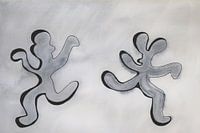 zwart wit 5  aquarel van vrolijk dansende figuurtjes in line-art stijl