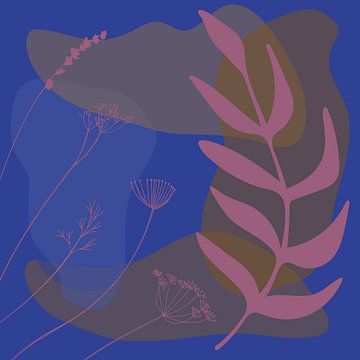 Botanische jazz. Modern abstract in retro kobaltblauw, framboosroze en taupe van Dina Dankers
