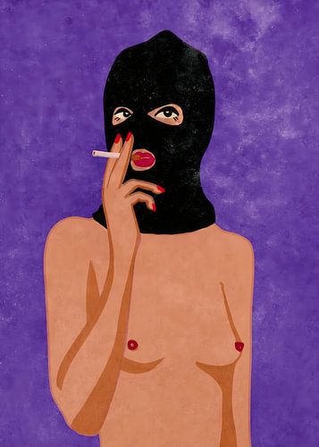 Stylized Portrait of Nude Woman in Balaclava Smoking
