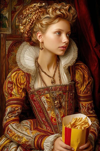 Noblewoman with Fries - Humorous Painting by Peter Pen Drawings and Paintings
