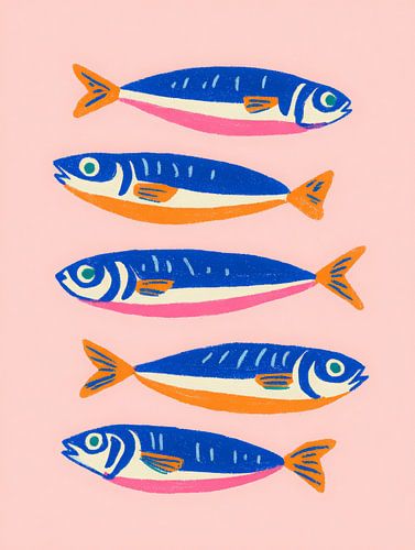 Bunte Sardinen auf rosa Hintergrund