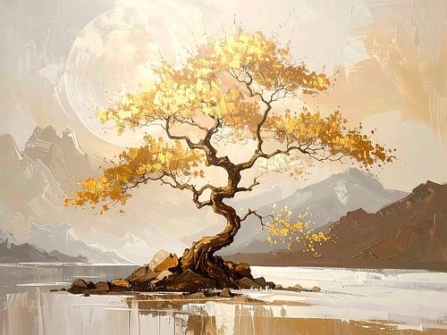 Japandi Art. Japans ZEN landschap met gouden bloesem