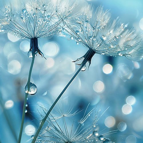 dauwdruppels op paardenbloemen