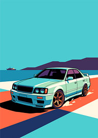 Mintfarbene JDM-Limousine auf einer Küstenstraße, bronzefarbene Felgen, flache Vektorillustration von Adam Khabibi