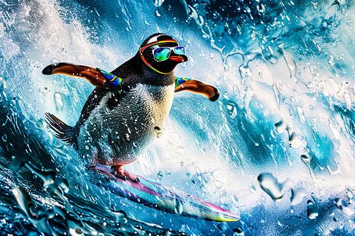Surrealistische pinguïn op surfplank