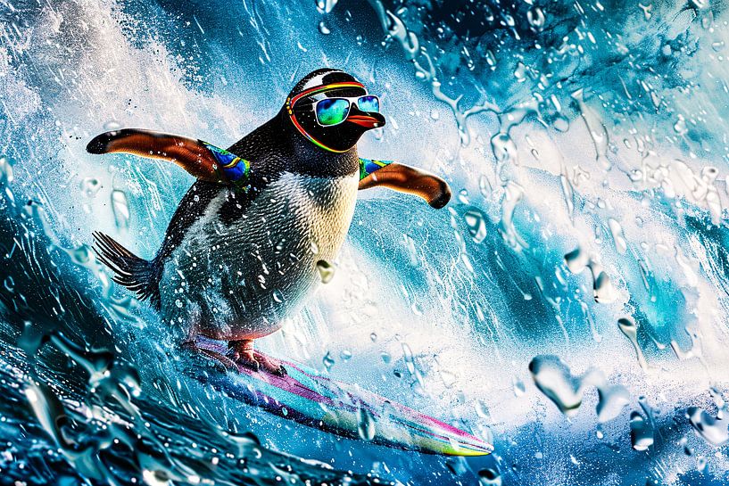 Surreal penguin on surfboard by Imperial Art House