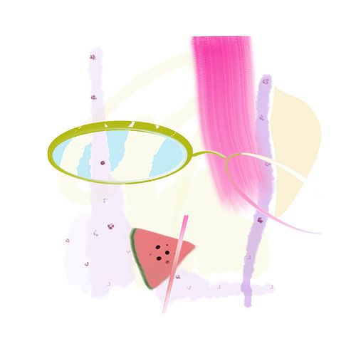 Mädchen mit rosa Haaren, grüner Sonnenbrille und Melonencocktail von Csilla Albert