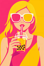 Une blonde pop art avec un bubble tea sur DesignDoodle