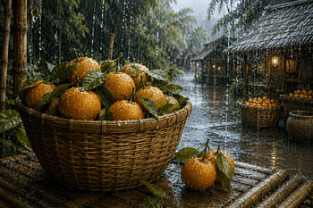 Freshly Harvested Oranges in a Bamboo Basket After Rain I Indonesia I Rain Collection