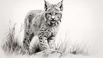 schattige jonge lynx tekening, lynx potloodtekening in vintage stijl van Animaflora PicsStock