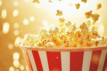 Bulging popcorn bucket in front of a glittery background by Poster Art Shop