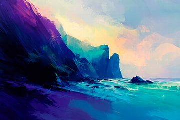 Bergachtig kustlandschap bij schemering van Poster Art Shop