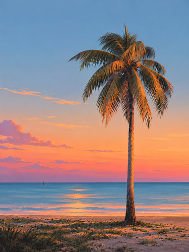 A solitary palm tree at sunset