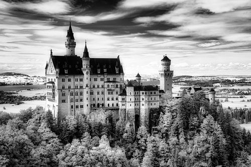Majestic Neuschwanstein Castle in a surreal, dreamlike landscape - infrared black and white photo print