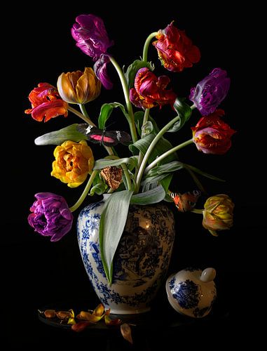 Ornate colorful flowers in Delft blue vase by Inkhere Art