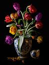 Ornate colorful flowers in Delft blue vase by Inkhere Art thumbnail