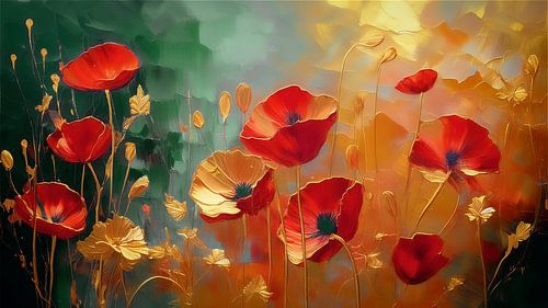 Zomer! Kaprozenveld met intens rood en gouden gloed