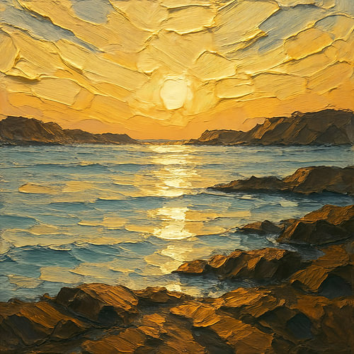 Goldener Sonnenuntergang über der felsigen Küste (KI) (Ozean, Meer, romantisch, Zen, sonnig, Ruhe) von Natalie Bruns