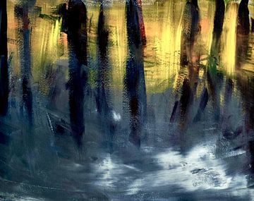 Abendspaziergang - Goldlicht untergehende Sonne zwischen Bäumen - Gemälde auf Papier von Lily van Riemsdijk - Art Prints with Color