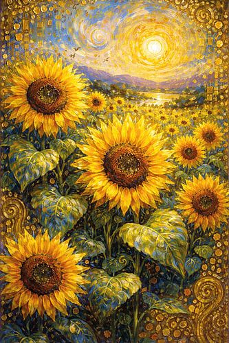 Schilderij met zonnebloemen.