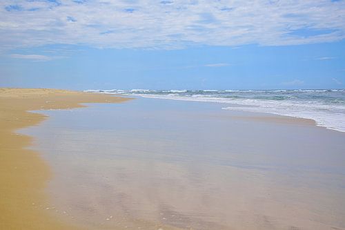 Weerspiegelingen op het strand van Nobbys Beach