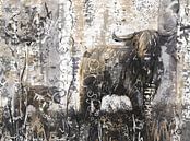 Schotse hooglander koe en kalf in zonsondergang van Emiel de Lange thumbnail