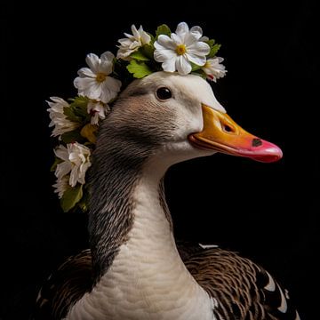 Majestueuze gans met bloemenkroon van Klaus Tesching - Art-AI