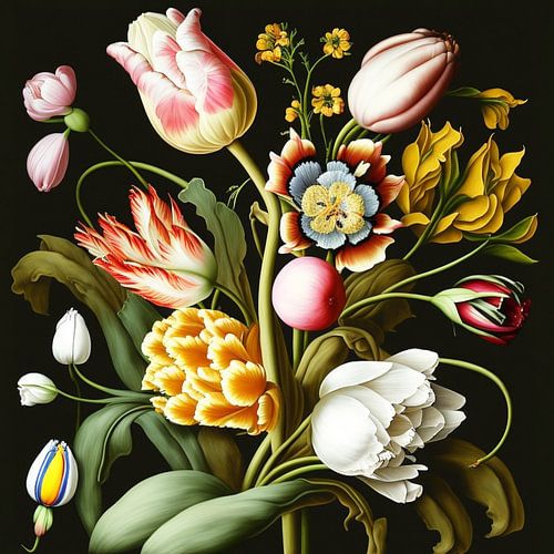 Oude meesters tulpen boeket historisch naturalistisch gedetailleerd