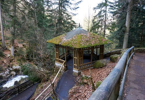 Moosbewachsener Holzpavillon im Wald bei den Triberger Wasserfällen