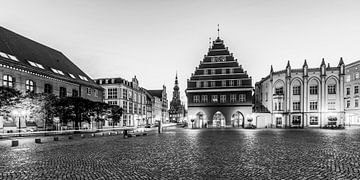 Hôtel de ville sur la place du marché à Greifswald - noir et blanc sur Werner Dieterich