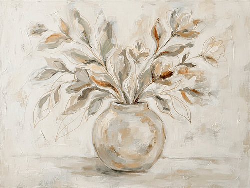 Beruhigendes botanisches Stillleben in Creme, Gold und Salbei