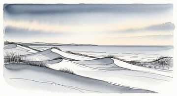 Aquarellmalerei von Sanddünen, Meer und Himmel von Markus Gann