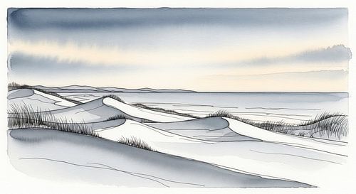 Aquarel schilderij van zandduinen, oceaan en lucht