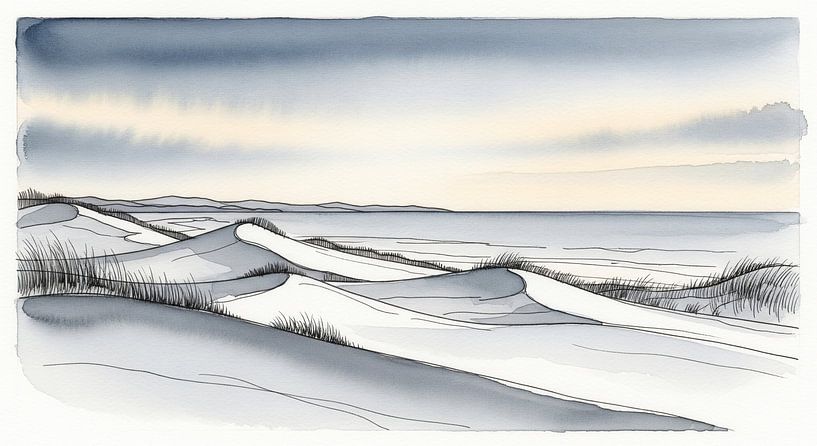 Aquarellmalerei von Sanddünen, Meer und Himmel von Markus Gann