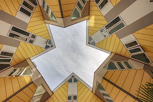 De kubuswoningen in Rotterdam van onderen gezien