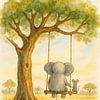 Olifant en muis op de schommel in Afrika (AI) (savanne, vriendschap, kinderkamer, poster, dieren, lief, schattig, speelkamer, kinderkunst, schilderij) ) van Natalie Bruns
