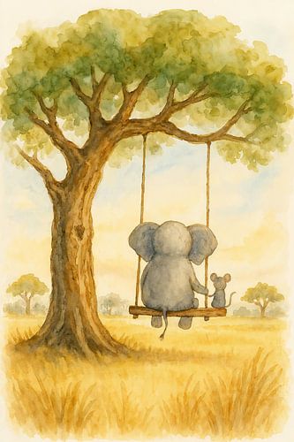 Olifant en muis op de schommel in Afrika (AI) (savanne, vriendschap, kinderkamer, poster, dieren, lief, schattig, speelkamer, kinderkunst, schilderij) )
