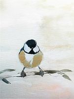 Minimalistisch schilderij van een koolmeesje op een boomtak.