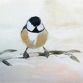 Illustration abstraite d'une mésange sur une branche d'arbre. sur Studio Pieternel