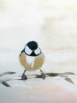 Minimalistisch schilderij van een koolmeesje op een boomtak. van Studio Pieternel