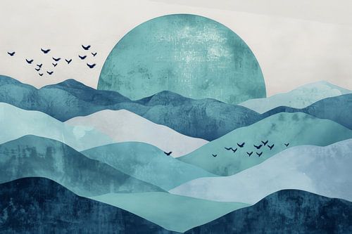 Blauwe zonsopgang met vogels - Minimalistische landschapskunst