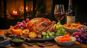 Thanksgiving-Tischdekoration mit Trauben und Wein