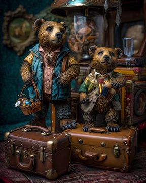Humorous photorealistic illustration of two travelling teddy bears