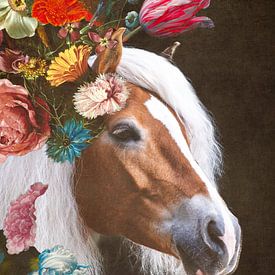 Tête de cheval entourée de fleurs / portrait Haflinger sur Photography art by Sacha