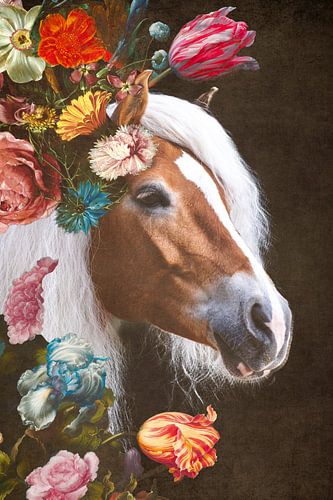 Hoofd van een paard omringd door bloemen / portret Haflinger