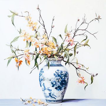 Bemalte antike Vase mit Blütenzweigen von Vlindertuin Art