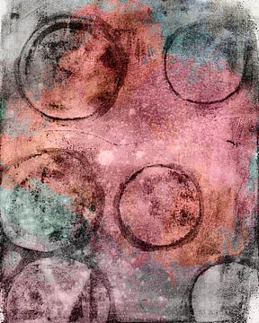 Abstract painting with  shapes in rusty orange, pink, greenish greys by Dina Dankers