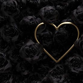Golden heart frame surrounded by black roses by Besa Art