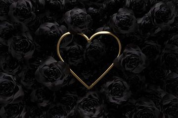 Golden heart frame surrounded by black roses by Besa Art